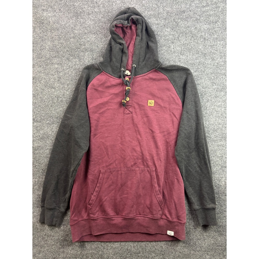 tentree Henley Hoodie Mens L Maroon Grey Raglan Organic Cotton Pullover